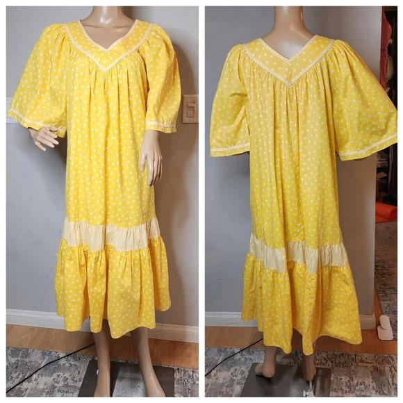 Vintage Two Potato Yellow Polka Dot Midi  Dress Mumu Wide Sleeve Pockets XL - Picture 2 of 16